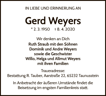 Traueranzeige von Gerd Weyers von WLZ