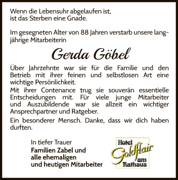 Traueranzeige von Gerda Göbel von WLZ