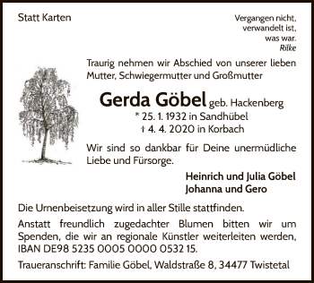 Traueranzeige von Gerda Göbel von WLZ