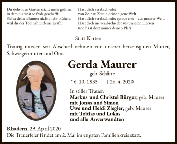 Traueranzeige von Gerda Maurer von WLZ