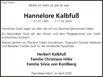 Traueranzeige von Hannelore Kalbfuß von WLZ