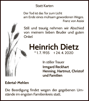Traueranzeige von Heinrich Dietz von WLZ