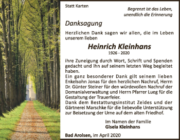Traueranzeige von Heinrich Kleinhans von WLZ