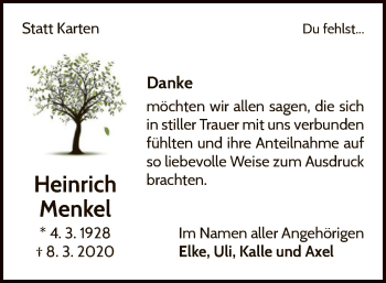 Traueranzeige von Heinrich Menkel von WLZ