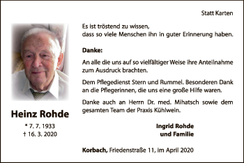 Traueranzeige von Heinz Rohde von WLZ