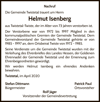 Traueranzeige von Helmut Isenberg von WLZ