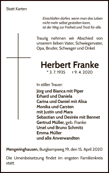 Traueranzeige von Herbert Franke von WLZ