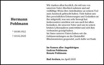 Traueranzeige von Hermann Pohlmann von WLZ