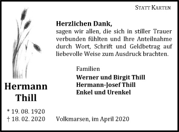Traueranzeige von Hermann Thill von WLZ