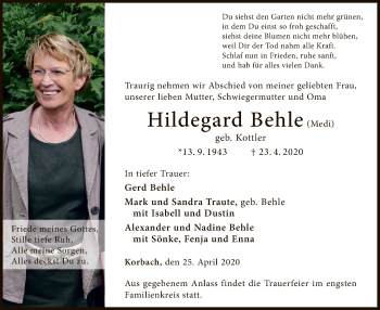 Traueranzeige von Hildegard Behle von WLZ