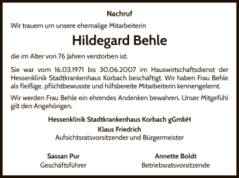 Traueranzeige von Hildegard Behle von WLZ