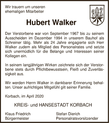 Traueranzeige von Hubert Walker von WLZ
