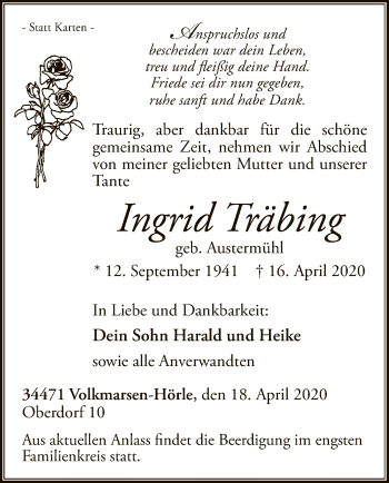 Traueranzeige von Ingrid Träbing von WLZ