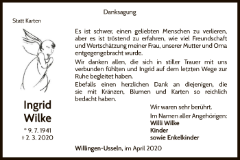 Traueranzeige von Ingrid Wilke von WLZ