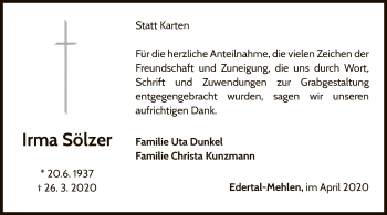 Traueranzeige von Irma Sölzer von WLZ