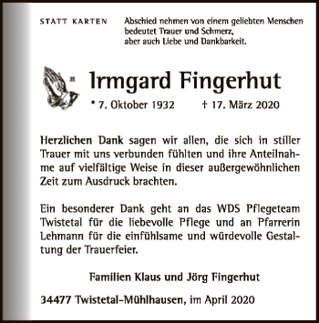 Traueranzeige von Irmgard Fingerhut von WLZ