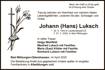 Traueranzeige von Johann Luksch von WLZ