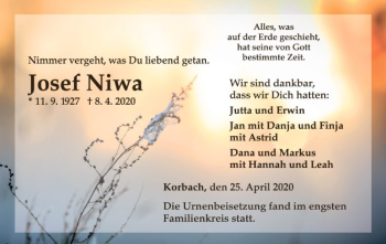 Traueranzeige von Josef Niwa von WLZ