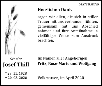 Traueranzeige von Josef Thill von WLZ