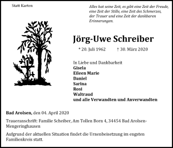 Traueranzeige von Jörg-Uwe Schreiber von WLZ