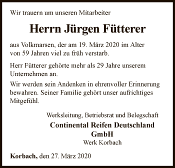 Traueranzeige von Jürgen Fütterer von WLZ