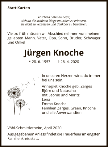 Traueranzeige von Jürgen Knoche von HNA