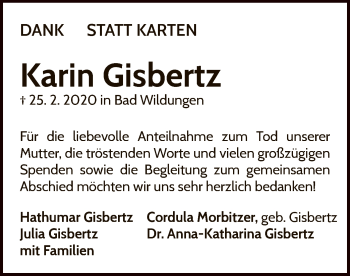 Traueranzeige von Karin Gisbertz von WLZ
