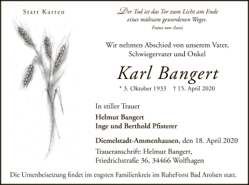 Traueranzeige von Karl Bangert von WLZ