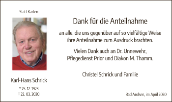 Traueranzeige von Karl-Hans Schrick von WLZ