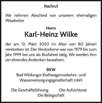 Traueranzeige von Karl-Heinz Wilke von WLZ