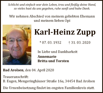 Traueranzeige von Karl-Heinz Zupp von WLZ