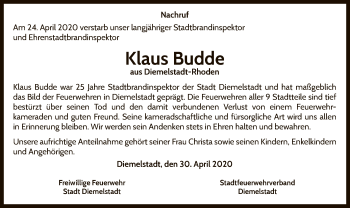 Traueranzeige von Klaus Budde von WLZ