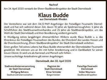 Traueranzeige von Klaus Budde von WLZ