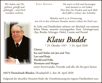 Traueranzeige von Klaus Budde von WLZ
