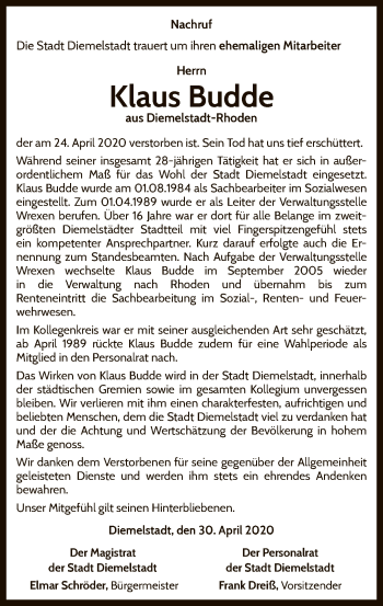 Traueranzeige von Klaus Budde von WLZ