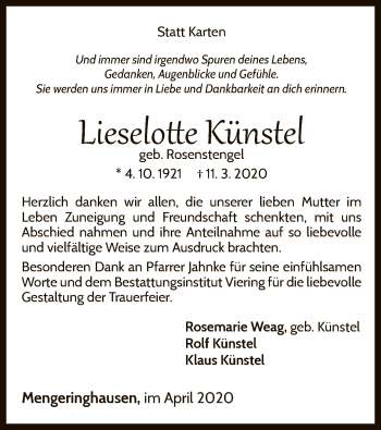 Traueranzeige von Lieselotte Künstel von WLZ
