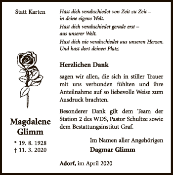 Traueranzeige von Magdalene Glimm von WLZ