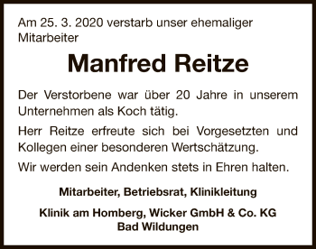 Traueranzeige von Manfred Reitze von WLZ