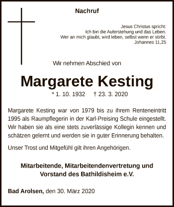 Traueranzeige von Margarete Kesting von WLZ