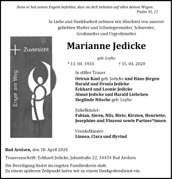 Traueranzeige von Marianne Jedicke von WLZ