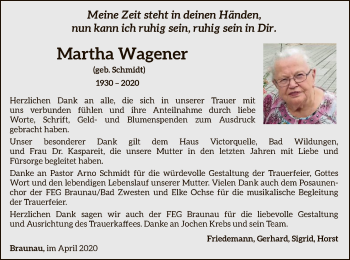 Traueranzeige von Martha Wagener von WLZ