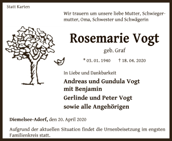 Traueranzeige von Rosemarie Vogt von WLZ