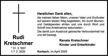 Traueranzeige von Rudi Kretschmer von WLZ