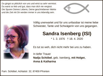 Traueranzeige von Sandra Isenberg von WLZ