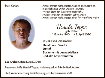 Traueranzeige von Ursula Teppe von WLZ