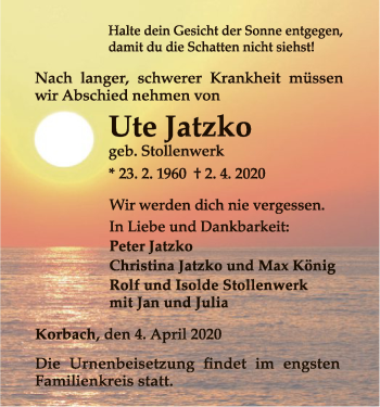 Traueranzeige von Ute Jatzko von WLZ