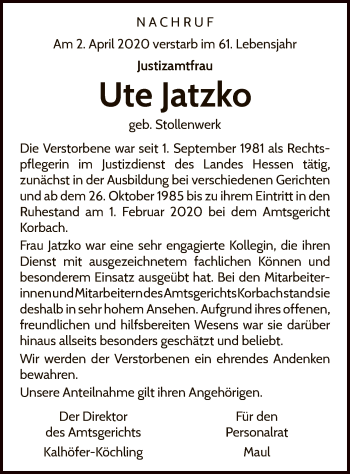 Traueranzeige von Ute Jatzko von WLZ