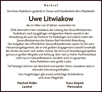 Traueranzeige von Uwe Litwiakow von WLZ