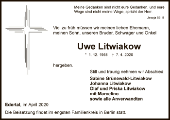Traueranzeige von Uwe Litwiakow von WLZ