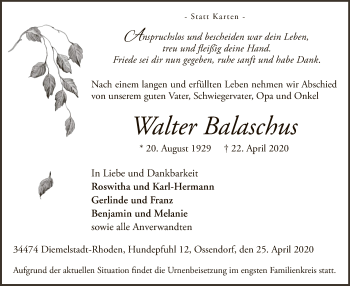 Traueranzeige von Walter Balaschus von WLZ